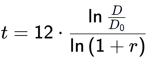 A LaTex expression showing t = 12 times \ln{\frac{D over D sub 0 }}{\ln{(1+r)}}