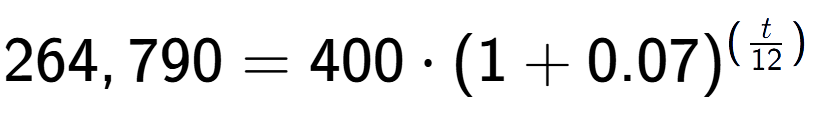 A LaTex expression showing 264,790 =400 times (1+0.07) to the power of (t over 12 )