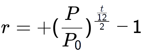 A LaTex expression showing r = +(P over P sub 0 ) to the power of \frac{t over 12 {2} } - 1