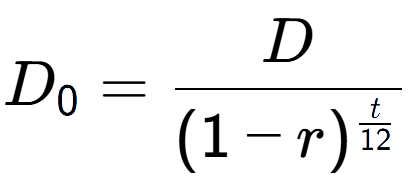 A LaTex expression showing D sub 0 = D over (1-r) to the power of \frac{t {12 }}