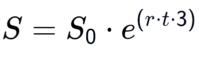 A LaTex expression showing S = S sub 0 times e to the power of (r times t times 3)