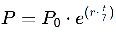 A LaTex expression showing P = P sub 0 times e to the power of (r times t over 7 )