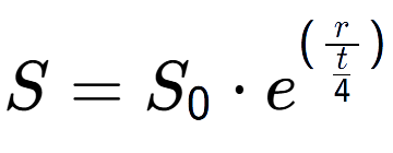 A LaTex expression showing S = S sub 0 times e to the power of (r over \frac{t {4 })}