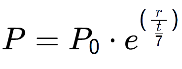 A LaTex expression showing P = P sub 0 times e to the power of (r over \frac{t {7 })}