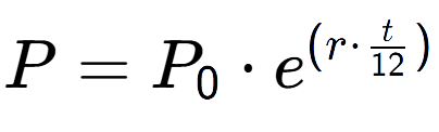 A LaTex expression showing P = P sub 0 times e to the power of (r times t over 12 )