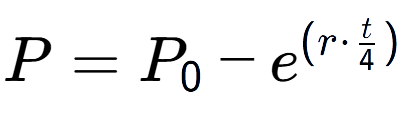 A LaTex expression showing P = P sub 0 - e to the power of (r times t over 4 )