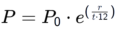 A LaTex expression showing P = P sub 0 times e to the power of (r over t times 12 )