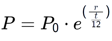 A LaTex expression showing P = P sub 0 times e to the power of (r over \frac{t {12 })}