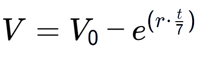 A LaTex expression showing V = V sub 0 - e to the power of (r times t over 7 )