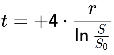 A LaTex expression showing t = +4 times r over \ln{\frac{S {S sub 0 }}}