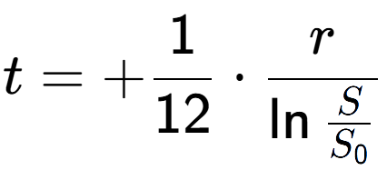 A LaTex expression showing t = +1 over 12 times r over \ln{\frac{S {S sub 0 }}}