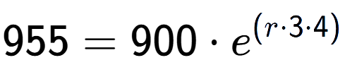 A LaTex expression showing 955 =900 times e to the power of (r times 3 times 4)