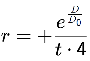 A LaTex expression showing r = +e to the power of \frac{D over D sub 0 }{t times 4}