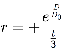 A LaTex expression showing r = +e to the power of \frac{D over D sub 0 }{t over 3 }