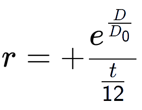 A LaTex expression showing r = +e to the power of \frac{D over D sub 0 }{t over 12 }