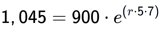 A LaTex expression showing 1,045 =900 times e to the power of (r times 5 times 7)