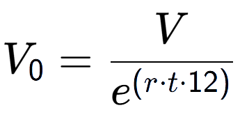 A LaTex expression showing V sub 0 = V over e to the power of (r times t times 12)