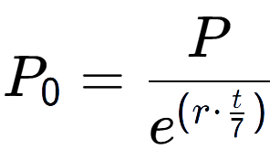 A LaTex expression showing P sub 0 = P over e to the power of (r times \frac{t {7 )}}