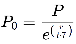 A LaTex expression showing P sub 0 = P over e to the power of (\frac{r {t times 7 )}}