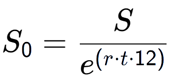 A LaTex expression showing S sub 0 = S over e to the power of (r times t times 12)