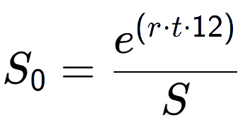 A LaTex expression showing S sub 0 = \frac{e to the power of (r times t times 12) }{S}