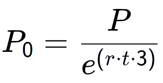 A LaTex expression showing P sub 0 = P over e to the power of (r times t times 3)