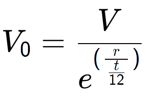A LaTex expression showing V sub 0 = V over e to the power of (\frac{r {t over 12 )}}