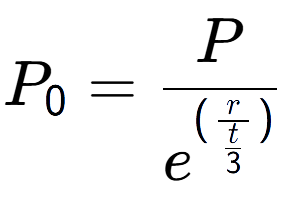 A LaTex expression showing P sub 0 = P over e to the power of (\frac{r {t over 3 )}}
