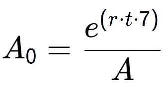 A LaTex expression showing A sub 0 = \frac{e to the power of (r times t times 7) }{A}