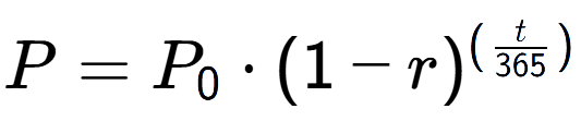 A LaTex expression showing P = P sub 0 times (1 - r) to the power of ( t over 365 )