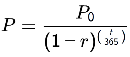 A LaTex expression showing P = P sub 0 over (1 - r) to the power of ( \frac{t {365 )}}