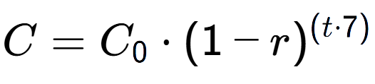 A LaTex expression showing C = C sub 0 times (1 - r) to the power of ( t times 7)