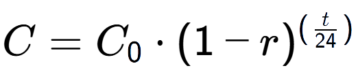 A LaTex expression showing C = C sub 0 times (1 - r) to the power of ( t over 24 )