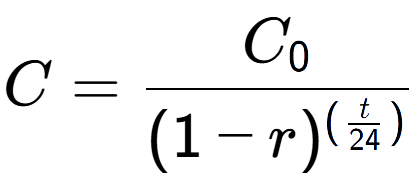 A LaTex expression showing C = C sub 0 over (1 - r) to the power of ( \frac{t {24 )}}