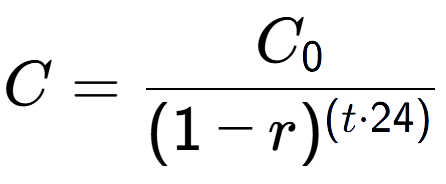 A LaTex expression showing C = C sub 0 over (1 - r) to the power of ( t times 24)