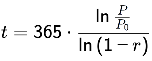 A LaTex expression showing t = 365 times \ln{\frac{P over P sub 0 }}{\ln{(1-r)}}