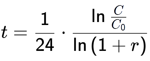 A LaTex expression showing t = 1 over 24 times \ln{\frac{C over C sub 0 }}{\ln{(1+r)}}