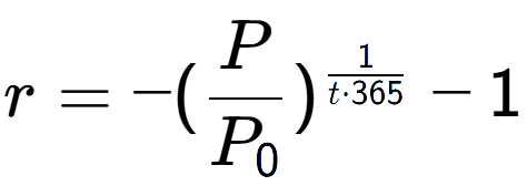 A LaTex expression showing r = -(P over P sub 0 ) to the power of 1 over t times 365 - 1