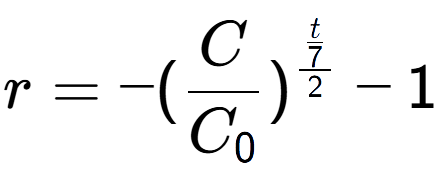A LaTex expression showing r = -(C over C sub 0 ) to the power of \frac{t over 7 {2} } - 1