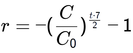 A LaTex expression showing r = -(C over C sub 0 ) to the power of t times 7 over 2 - 1