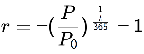 A LaTex expression showing r = -(P over P sub 0 ) to the power of 1 over \frac{t {365 } } - 1