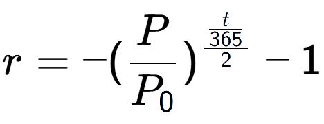 A LaTex expression showing r = -(P over P sub 0 ) to the power of \frac{t over 365 {2} } - 1