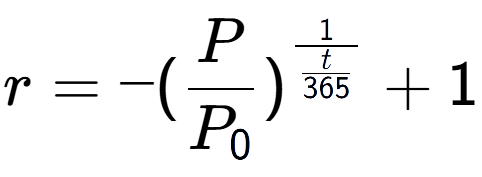 A LaTex expression showing r = -(P over P sub 0 ) to the power of 1 over \frac{t {365 } } + 1