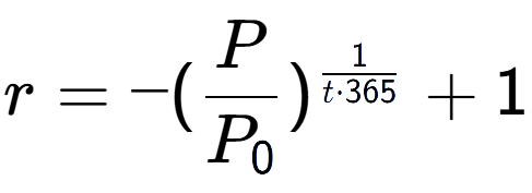A LaTex expression showing r = -(P over P sub 0 ) to the power of 1 over t times 365 + 1