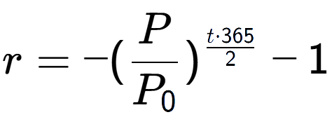 A LaTex expression showing r = -(P over P sub 0 ) to the power of t times 365 over 2 - 1