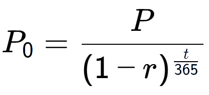 A LaTex expression showing P sub 0 = P over (1-r) to the power of \frac{t {365 }}