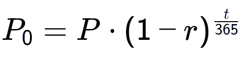 A LaTex expression showing P sub 0 = P times (1-r) to the power of t over 365
