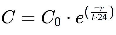 A LaTex expression showing C = C sub 0 times e to the power of (-r over t times 24 )