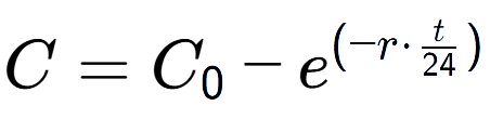 A LaTex expression showing C = C sub 0 - e to the power of (-r times t over 24 )