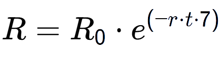 A LaTex expression showing R = R sub 0 times e to the power of (-r times t times 7)